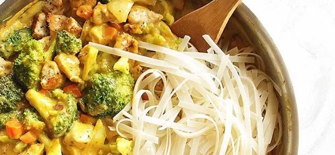 Chicken mango curry with rice noodles