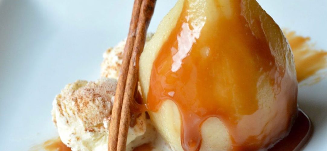 Poached pears and caramel