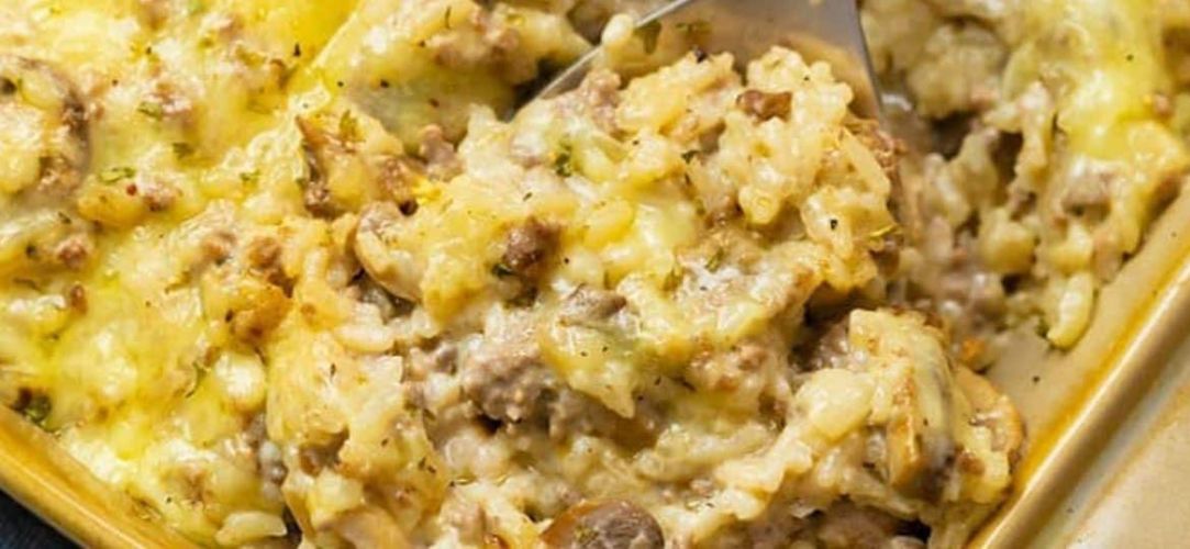 Beef, mushroom and rice casserole